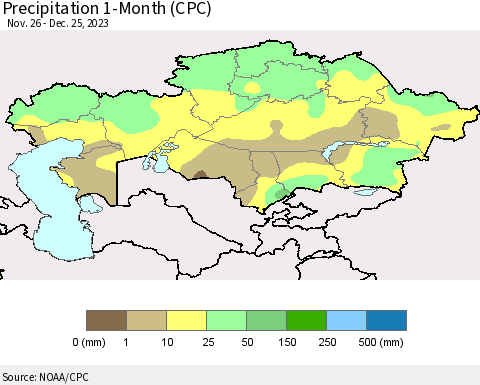 Kazakhstan Precipitation 1-Month (CPC) Thematic Map For 11/26/2023 - 12/25/2023
