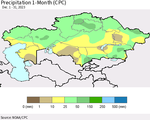 Kazakhstan Precipitation 1-Month (CPC) Thematic Map For 12/1/2023 - 12/31/2023