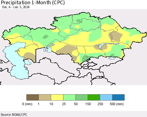 Kazakhstan Precipitation 1-Month (CPC) Thematic Map For 12/6/2023 - 1/5/2024