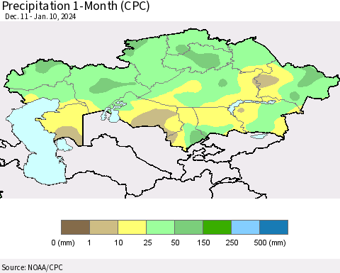 Kazakhstan Precipitation 1-Month (CPC) Thematic Map For 12/11/2023 - 1/10/2024