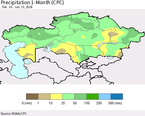 Kazakhstan Precipitation 1-Month (CPC) Thematic Map For 12/16/2023 - 1/15/2024