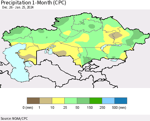 Kazakhstan Precipitation 1-Month (CPC) Thematic Map For 12/26/2023 - 1/25/2024