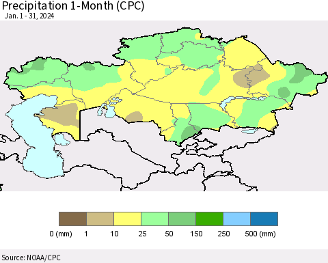 Kazakhstan Precipitation 1-Month (CPC) Thematic Map For 1/1/2024 - 1/31/2024