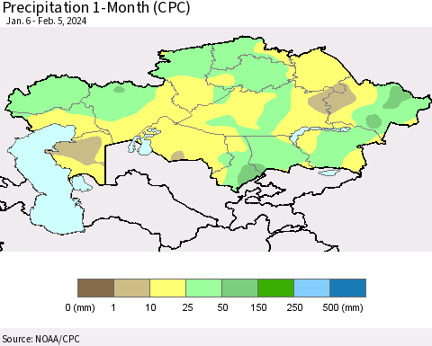 Kazakhstan Precipitation 1-Month (CPC) Thematic Map For 1/6/2024 - 2/5/2024