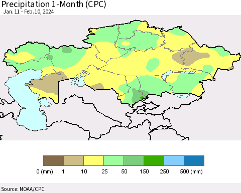 Kazakhstan Precipitation 1-Month (CPC) Thematic Map For 1/11/2024 - 2/10/2024