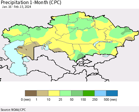Kazakhstan Precipitation 1-Month (CPC) Thematic Map For 1/16/2024 - 2/15/2024