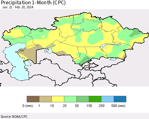 Kazakhstan Precipitation 1-Month (CPC) Thematic Map For 1/21/2024 - 2/20/2024