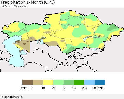 Kazakhstan Precipitation 1-Month (CPC) Thematic Map For 1/26/2024 - 2/25/2024