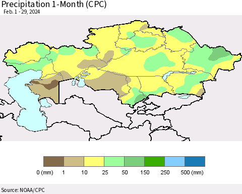 Kazakhstan Precipitation 1-Month (CPC) Thematic Map For 2/1/2024 - 2/29/2024