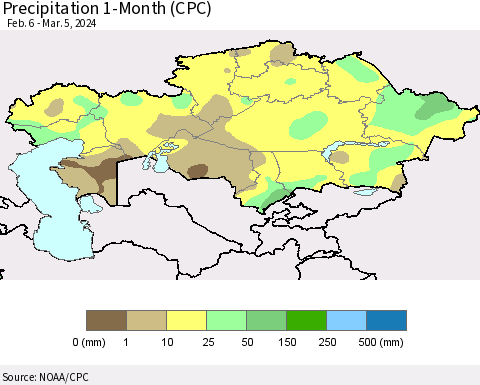 Kazakhstan Precipitation 1-Month (CPC) Thematic Map For 2/6/2024 - 3/5/2024