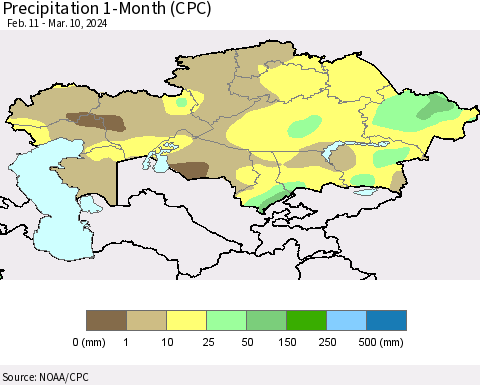 Kazakhstan Precipitation 1-Month (CPC) Thematic Map For 2/11/2024 - 3/10/2024