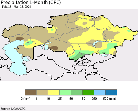 Kazakhstan Precipitation 1-Month (CPC) Thematic Map For 2/16/2024 - 3/15/2024