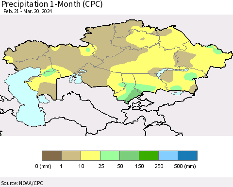 Kazakhstan Precipitation 1-Month (CPC) Thematic Map For 2/21/2024 - 3/20/2024