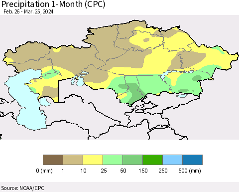 Kazakhstan Precipitation 1-Month (CPC) Thematic Map For 2/26/2024 - 3/25/2024
