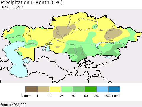 Kazakhstan Precipitation 1-Month (CPC) Thematic Map For 3/1/2024 - 3/31/2024