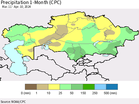 Kazakhstan Precipitation 1-Month (CPC) Thematic Map For 3/11/2024 - 4/10/2024
