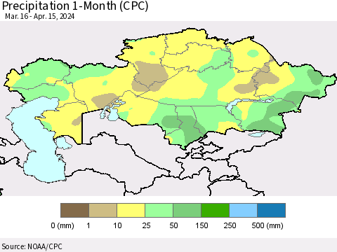 Kazakhstan Precipitation 1-Month (CPC) Thematic Map For 3/16/2024 - 4/15/2024