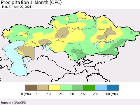 Kazakhstan Precipitation 1-Month (CPC) Thematic Map For 3/21/2024 - 4/20/2024
