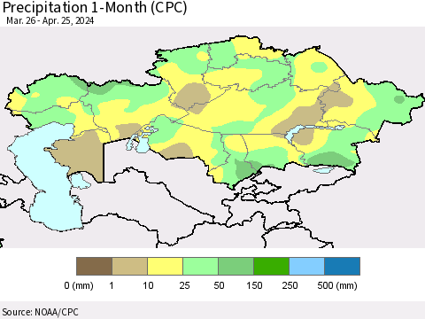 Kazakhstan Precipitation 1-Month (CPC) Thematic Map For 3/26/2024 - 4/25/2024