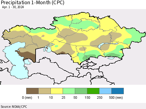 Kazakhstan Precipitation 1-Month (CPC) Thematic Map For 4/1/2024 - 4/30/2024