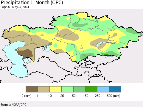 Kazakhstan Precipitation 1-Month (CPC) Thematic Map For 4/6/2024 - 5/5/2024