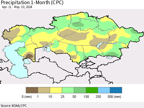 Kazakhstan Precipitation 1-Month (CPC) Thematic Map For 4/11/2024 - 5/10/2024