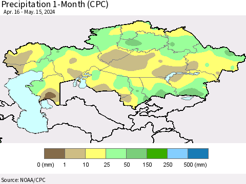 Kazakhstan Precipitation 1-Month (CPC) Thematic Map For 4/16/2024 - 5/15/2024