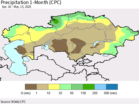 Kazakhstan Precipitation 1-Month (CPC) Thematic Map For 4/16/2025 - 5/15/2025