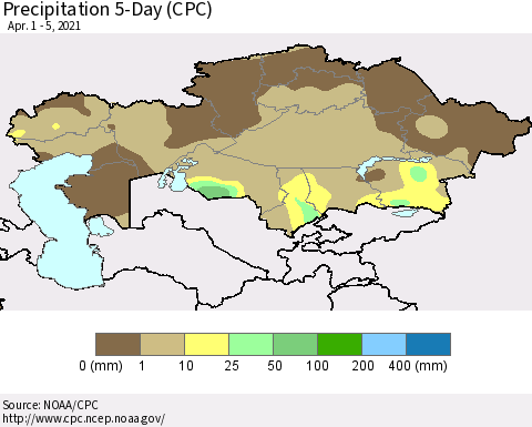 Kazakhstan Precipitation 5-Day (CPC) Thematic Map For 4/1/2021 - 4/5/2021