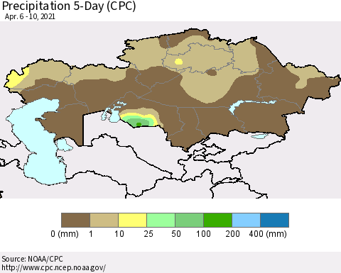 Kazakhstan Precipitation 5-Day (CPC) Thematic Map For 4/6/2021 - 4/10/2021