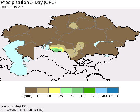 Kazakhstan Precipitation 5-Day (CPC) Thematic Map For 4/11/2021 - 4/15/2021