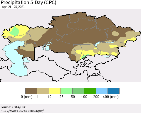 Kazakhstan Precipitation 5-Day (CPC) Thematic Map For 4/21/2021 - 4/25/2021