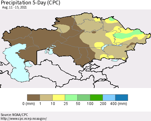 Kazakhstan Precipitation 5-Day (CPC) Thematic Map For 8/11/2021 - 8/15/2021