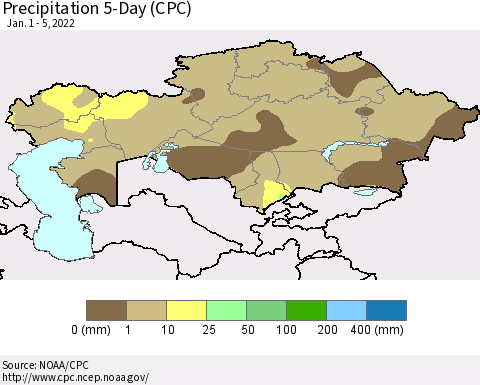 Kazakhstan Precipitation 5-Day (CPC) Thematic Map For 1/1/2022 - 1/5/2022