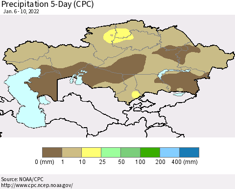 Kazakhstan Precipitation 5-Day (CPC) Thematic Map For 1/6/2022 - 1/10/2022