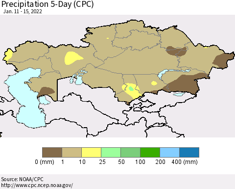 Kazakhstan Precipitation 5-Day (CPC) Thematic Map For 1/11/2022 - 1/15/2022
