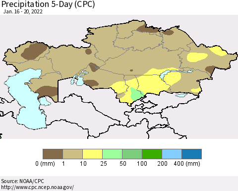 Kazakhstan Precipitation 5-Day (CPC) Thematic Map For 1/16/2022 - 1/20/2022