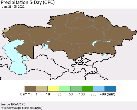 Kazakhstan Precipitation 5-Day (CPC) Thematic Map For 1/21/2022 - 1/25/2022