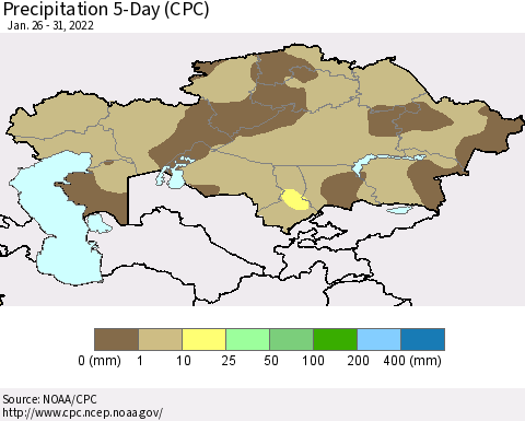 Kazakhstan Precipitation 5-Day (CPC) Thematic Map For 1/26/2022 - 1/31/2022