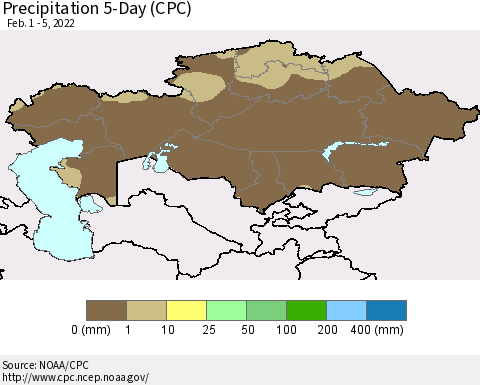 Kazakhstan Precipitation 5-Day (CPC) Thematic Map For 2/1/2022 - 2/5/2022