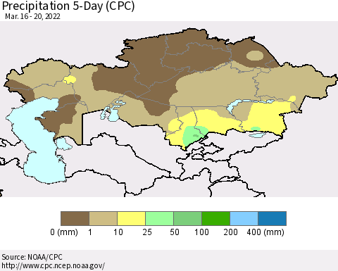 Kazakhstan Precipitation 5-Day (CPC) Thematic Map For 3/16/2022 - 3/20/2022
