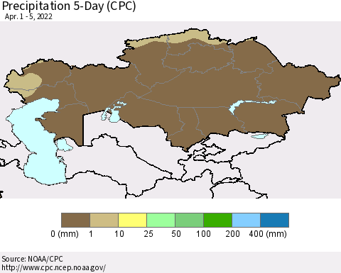 Kazakhstan Precipitation 5-Day (CPC) Thematic Map For 4/1/2022 - 4/5/2022