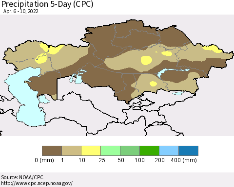 Kazakhstan Precipitation 5-Day (CPC) Thematic Map For 4/6/2022 - 4/10/2022