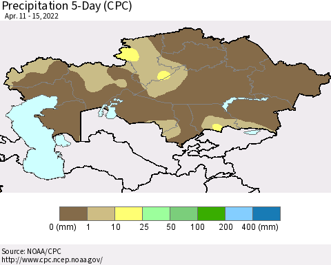 Kazakhstan Precipitation 5-Day (CPC) Thematic Map For 4/11/2022 - 4/15/2022