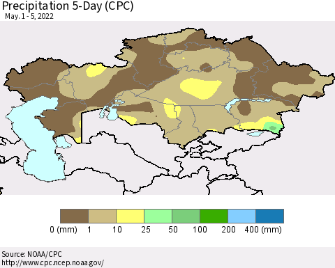 Kazakhstan Precipitation 5-Day (CPC) Thematic Map For 5/1/2022 - 5/5/2022