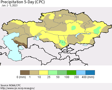 Kazakhstan Precipitation 5-Day (CPC) Thematic Map For 1/1/2023 - 1/5/2023