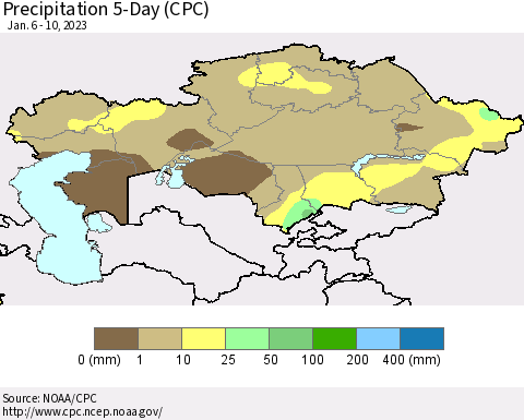 Kazakhstan Precipitation 5-Day (CPC) Thematic Map For 1/6/2023 - 1/10/2023