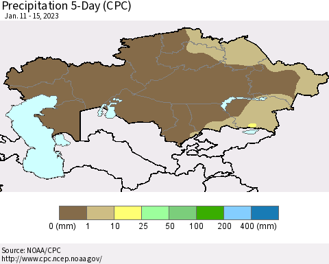 Kazakhstan Precipitation 5-Day (CPC) Thematic Map For 1/11/2023 - 1/15/2023