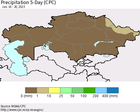 Kazakhstan Precipitation 5-Day (CPC) Thematic Map For 1/16/2023 - 1/20/2023