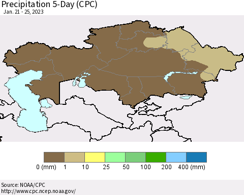 Kazakhstan Precipitation 5-Day (CPC) Thematic Map For 1/21/2023 - 1/25/2023